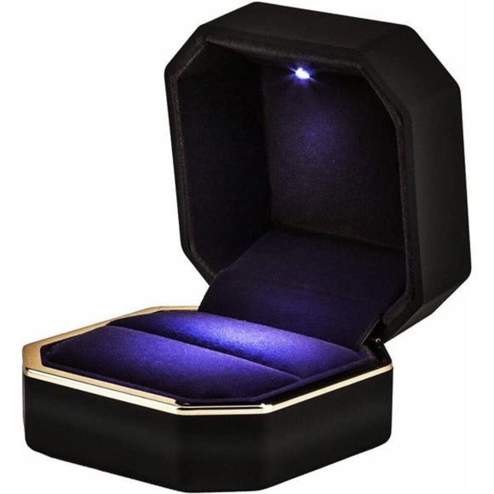 Luxury Ring Box, Square Velvet Wedding Ring Case Jewelry Gift Box w/ LED, Black